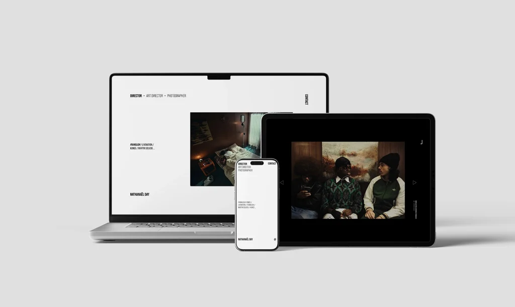 Site internet de Nathanael Day, réalisé par Camille Le Bozec (design, développement et gestion de projet)