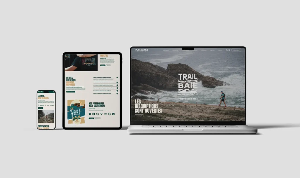 Site internet de Trail de la baie de Quiberon, réalisé par Camille Le Bozec (design, développement et gestion de projet)